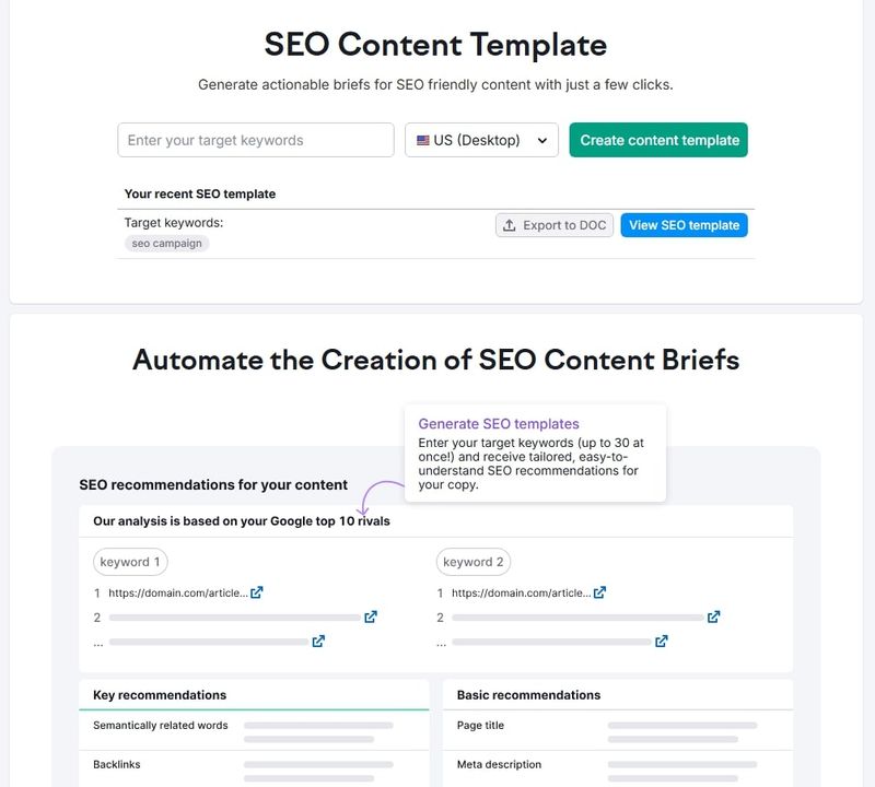 Semrush screenshot of SEO content template