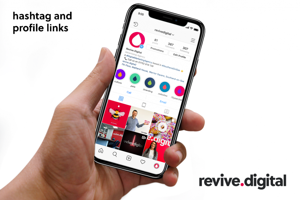 Instagram hashtag and profile links