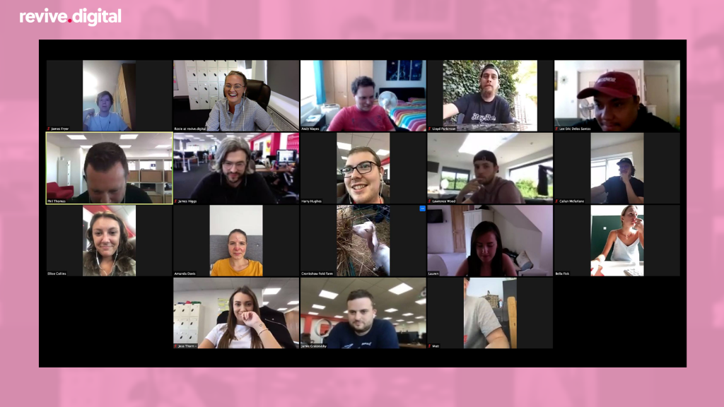 revive team zoom meeting in a pink background