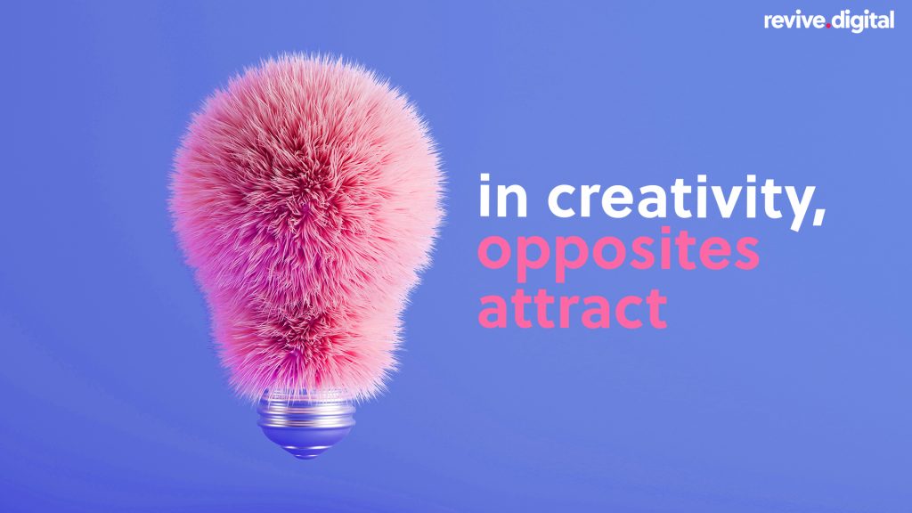 furry light bulb with text in creative opposites attract