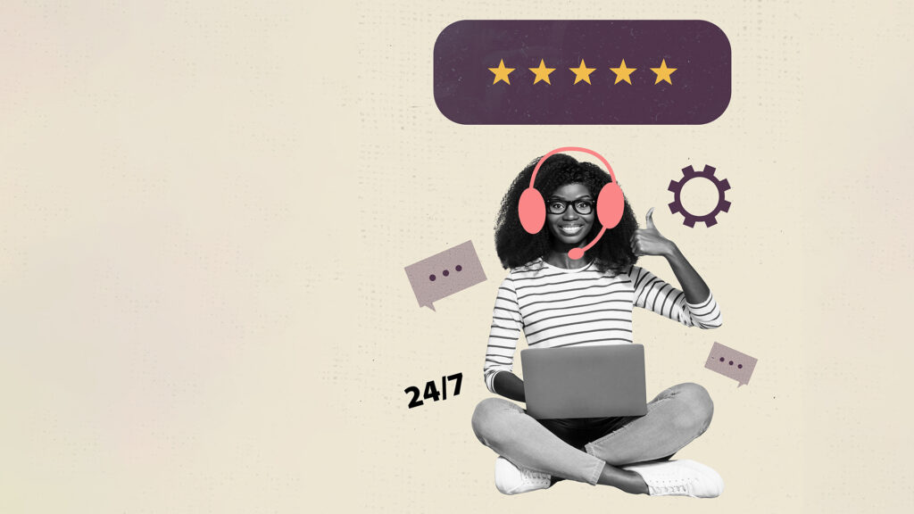 Graphic of a happy customer who is reviewing a service as five out of five stars